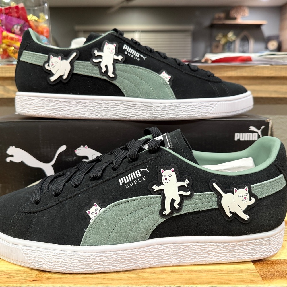 PUMA Suede Black and Green Sneakers with Cat Design